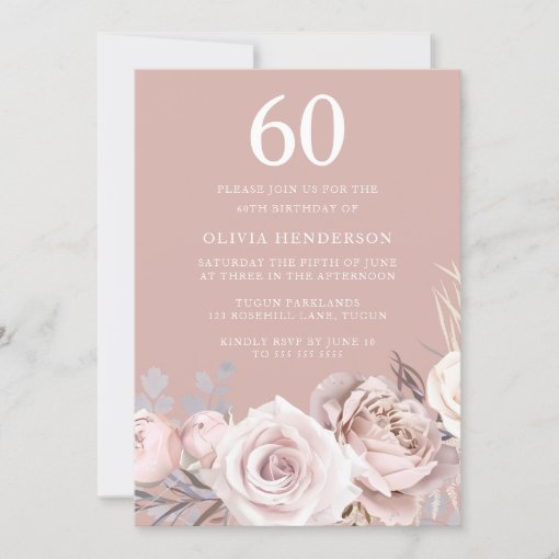 Modern Blush & Mauve Floral 60th Birthday Party Invitation 