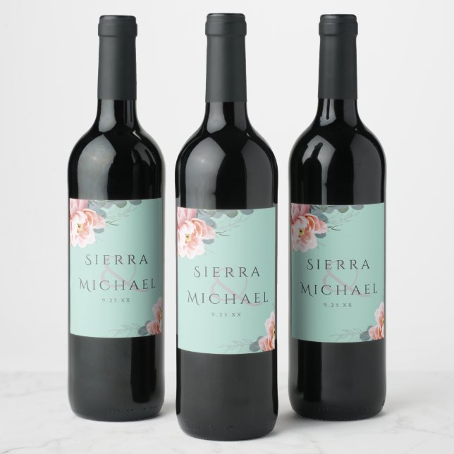 Modern Blush Mint Green Floral Wedding Reception Wine Label (Bottles)