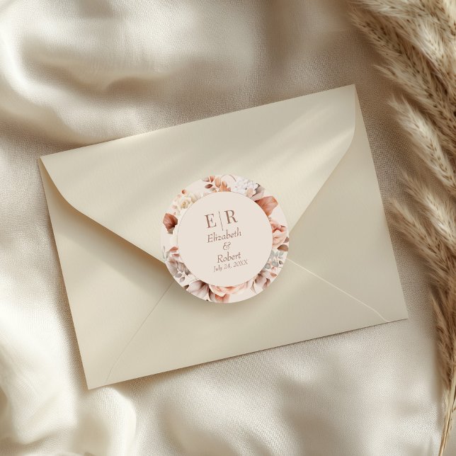 Modern Blush Mocha Mousse Monogram Floral Wedding Classic Round Sticker (Modern Blush Mocha Mousse Monogram Floral Wedding Classic Round Sticker on a small envelope.)