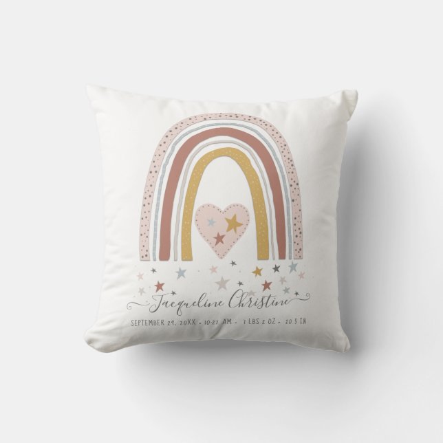 Modern Blush Muted Rainbow Baby Girl Birth Stats Throw Pillow (Front)