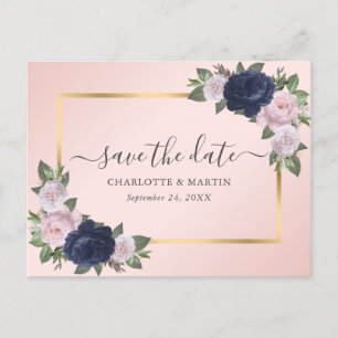 Modern Blush Navy Blue Gold Floral Save The Date Announcement Postcard