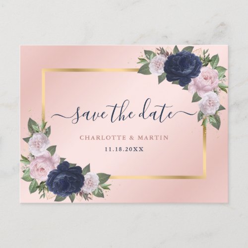 Modern Blush Navy Blue Gold Floral Save The Date Announcement Postcard