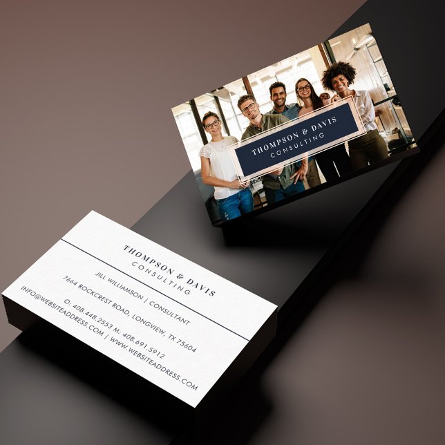 Modern Blush & Navy Chic Luxury Professional Photo Business Card (Modern Minimal Company Team Members Full Photo Business Card)