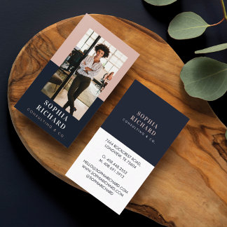 Modern Blush & Navy Chic Luxury Professional Photo Business Card