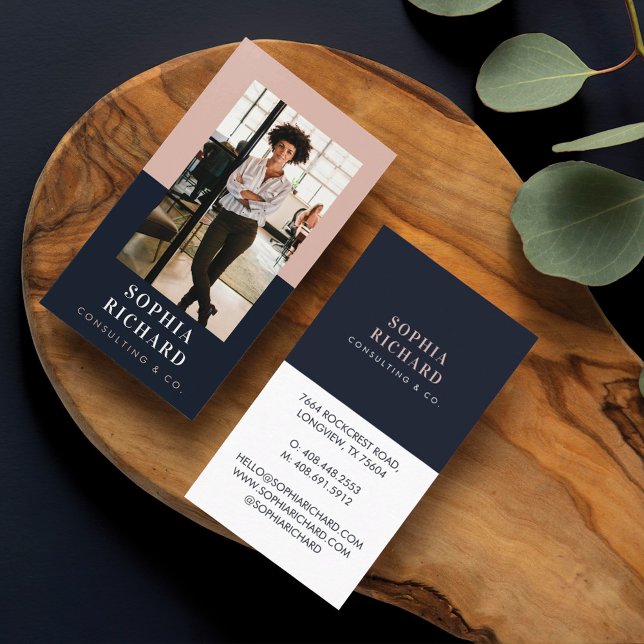Modern Blush & Navy Chic Luxury Professional Photo Business Card (Creator Uploaded)