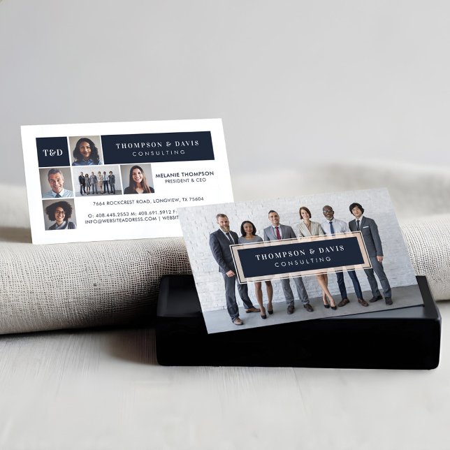 Modern Blush & Navy Chic Luxury Professional Photo Calling Card (Modern Navy Blue Business Team Photos Collage Grid Calling Card)