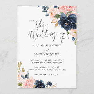 Modern Blush Navy Floral Wedding Invitation