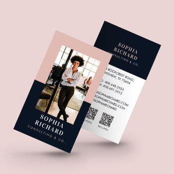 Modern Blush & Navy Professional Business Photo Qr Business Card by moodthology at Zazzle