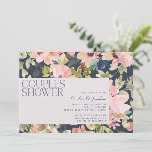 Modern Blush Navy Watercolor Floral Couples Shower Invitation
