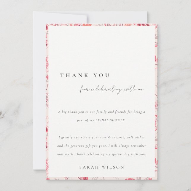 Modern Blush Paisley Typography Bridal Shower Thank You Card (Front)