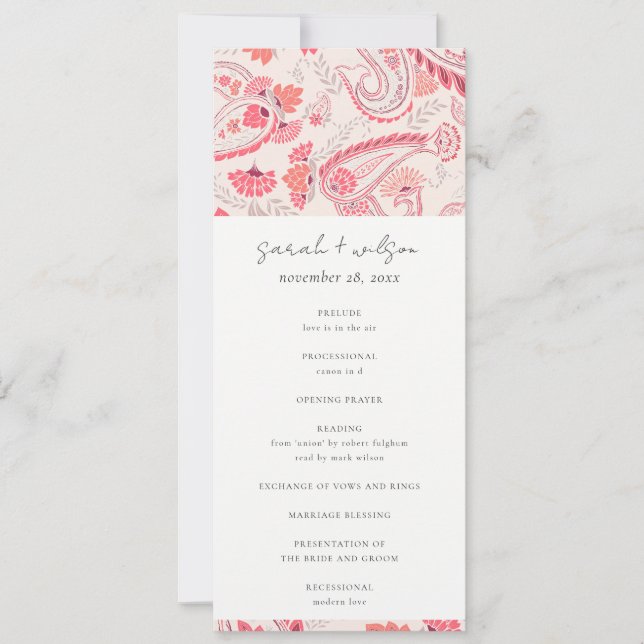 Modern Blush Paisley Typography Wedding Program (Front)