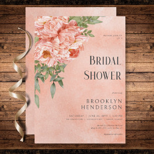 Modern Blush Peach Peonies Floral Bridal Shower Invitation