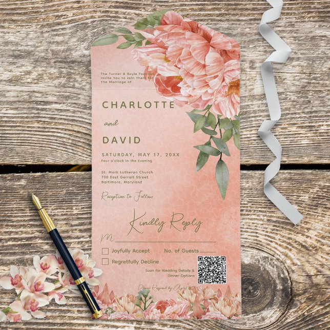 Modern Blush Peach Peonies Floral QR Code All In One Invitation (Creator Uploaded)