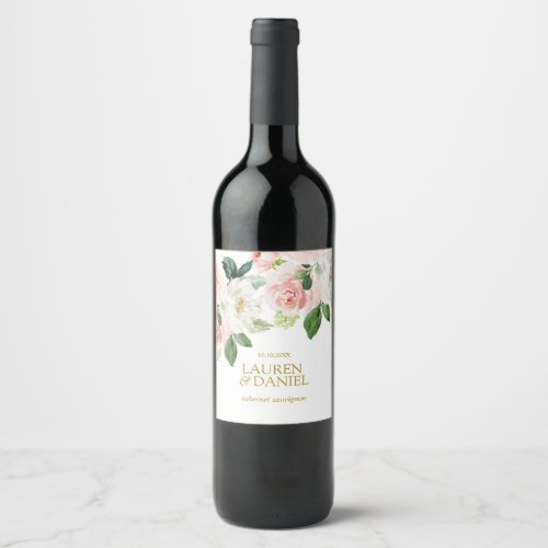 Modern Blush  Personalized Floral Gold wedding Wine Label