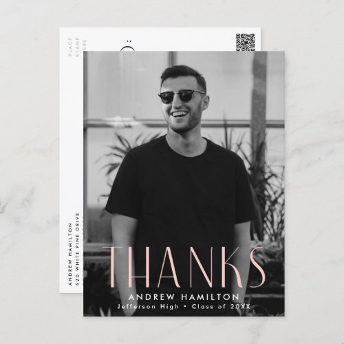 Modern Blush Photo Graduation Thank You Postcard