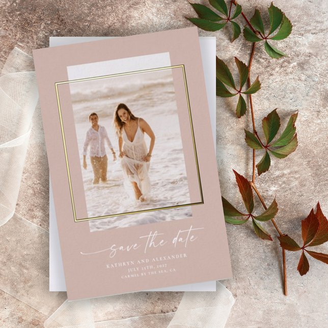 Modern Blush Photo Save The Date Gold Foil Invitation (Creator Uploaded)