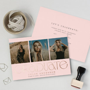 Modern Blush Pink 3 Photo Graduation Announcement
