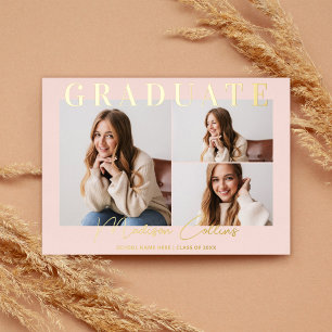 Modern Blush Pink 3 Photo Graduation Gold Foil Invitation