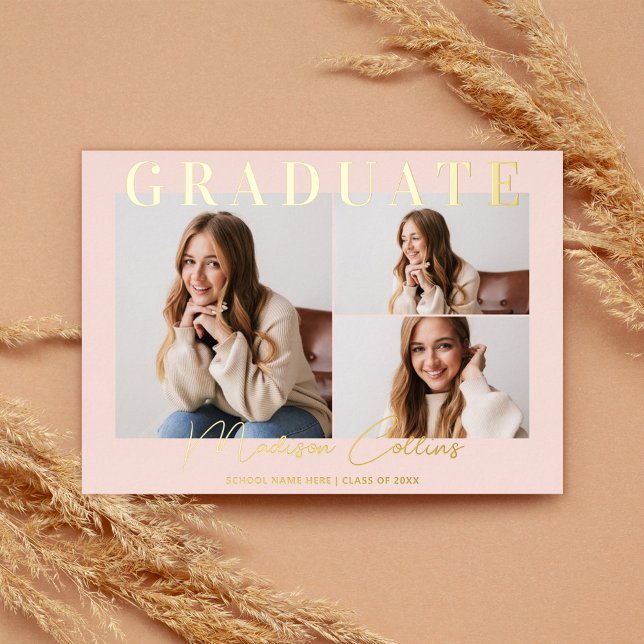 Modern Blush Pink 3 Photo Graduation Gold Foil Invitation (Creator Uploaded)
