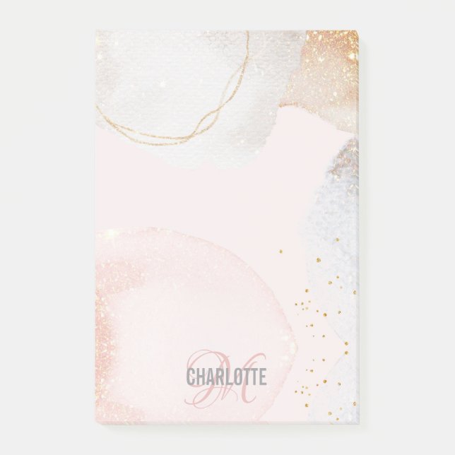 Modern blush pink abstract monogram name n post-it notes (Front)