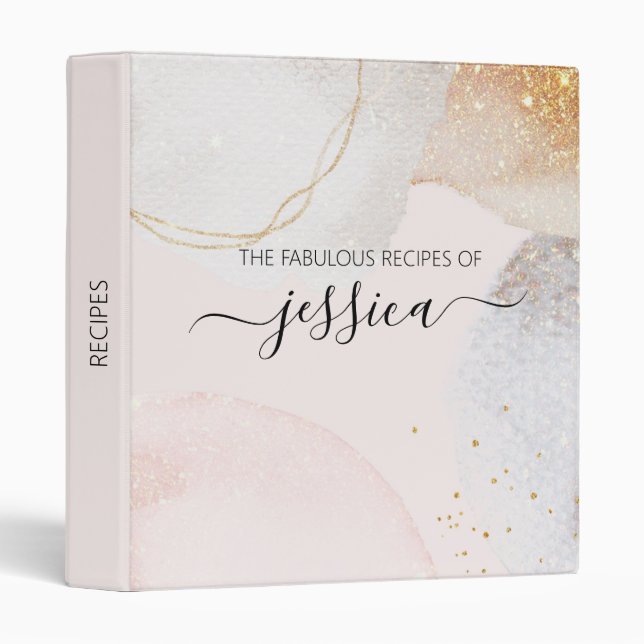Modern blush pink abstract script name Recipe 3 Ring Binder (Front/Spine)