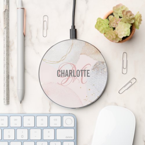 Modern blush pink abstract shapes monogram name   wireless charger 