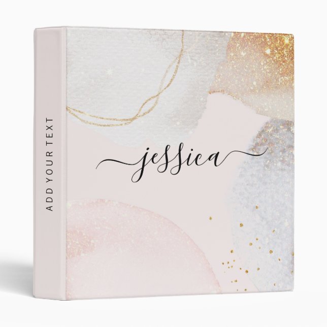 Modern blush pink abstract shapes script name 3 ring binder (Front/Spine)