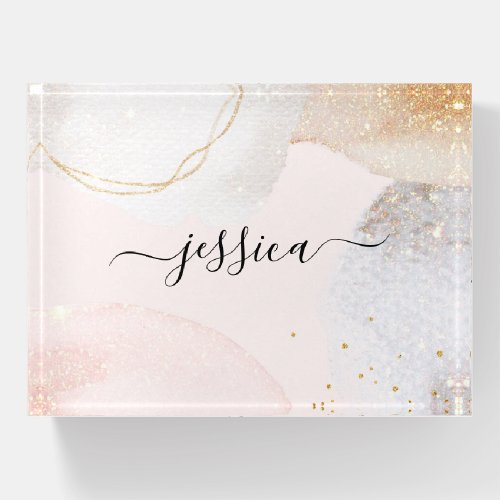 Modern blush pink abstract shapes script name paperweight