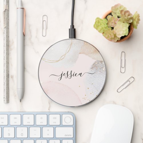 Modern blush pink abstract shapes script name wireless charger 