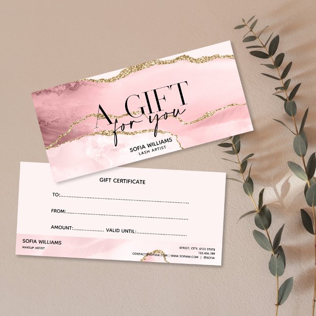Modern Blush Pink Agate Certificate Gift Card (blush pink agate with gold glitter gift certificate)
