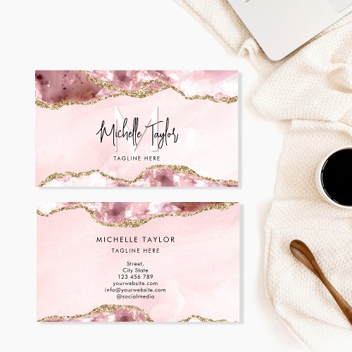 Modern Blush Pink Agate Chic Modern Monogram Business Card
