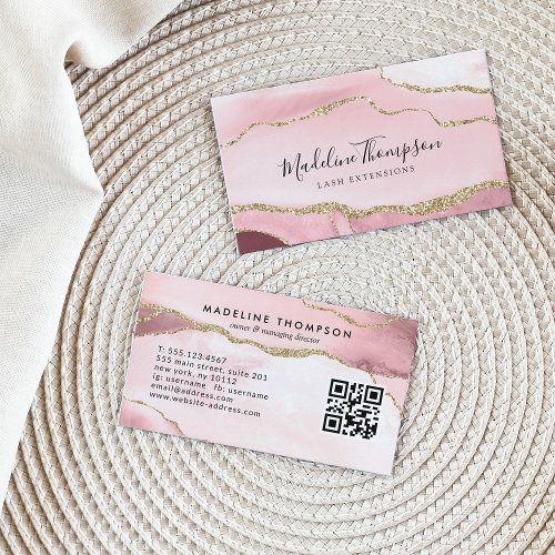 Modern Blush Pink Agate Geode Gold Glitter QR Code Business Card