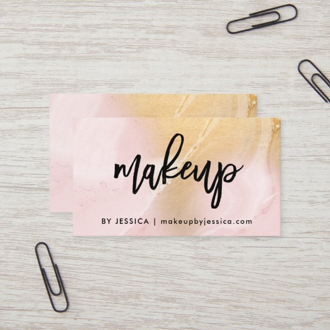 Modern Blush Pink and Faux Gold Marble | Makeup Business Card (Front/Back In Situ)
