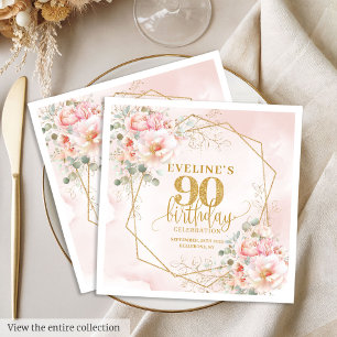 Modern blush pink and gold 90th birthday paper napkins
