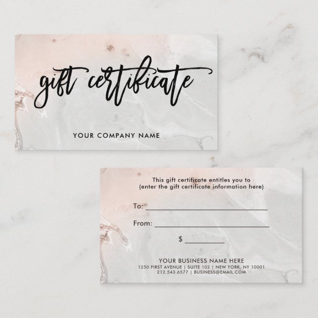 Modern Blush Pink and Gray Marble Gift Certificate (Front/Back)