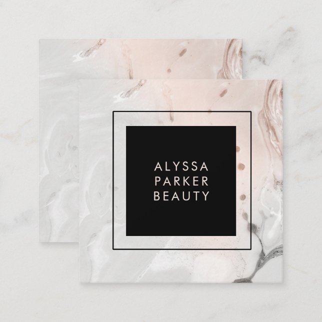 Modern Blush Pink and Gray Marble with Black Square Business Card (Front/Back)
