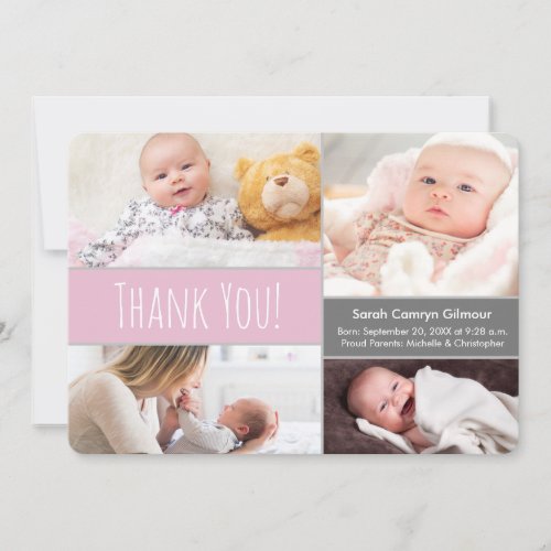 Modern Blush pink and Gray Welcome Home Baby Girl Thank You Card