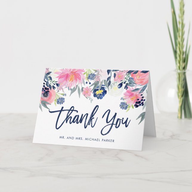 Modern Blush Pink and Navy Floral Thank You (Front)