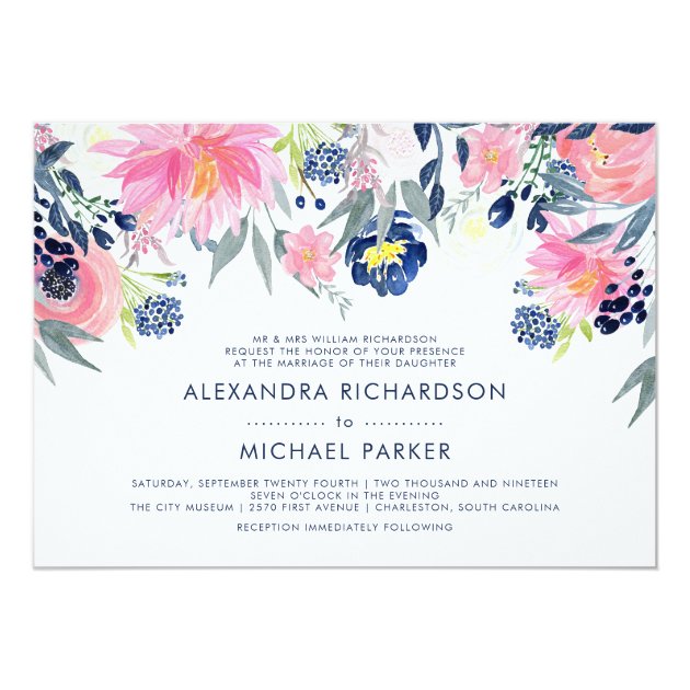 Modern Blush Pink And Navy Floral Wedding Invitation