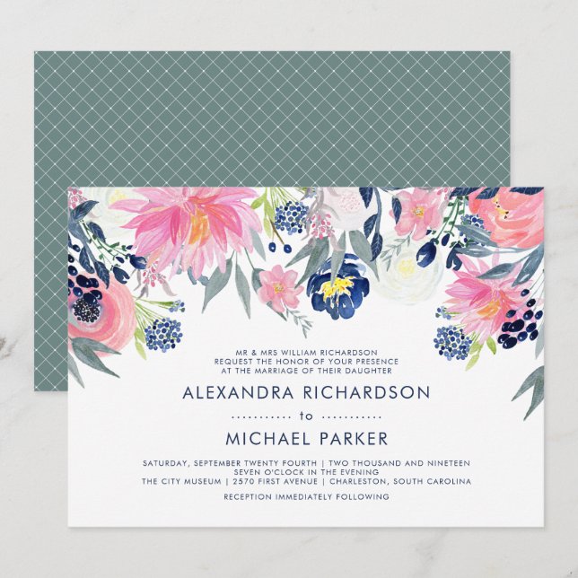 Modern Blush Pink and Navy Floral Wedding Invitation (Front/Back)