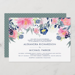 Modern Blush Pink and Navy Floral Wedding Invitation