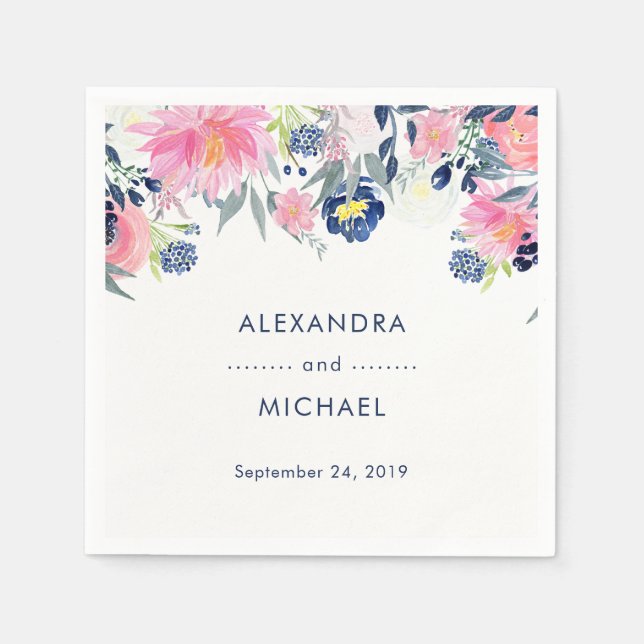 Modern Blush Pink and Navy Floral Wedding Paper Napkins (Front)