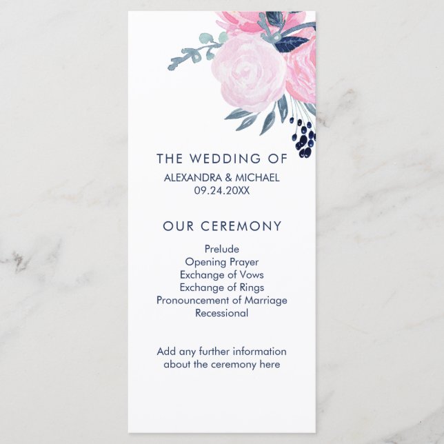 Modern Blush Pink and Navy Floral Wedding Program (Front)