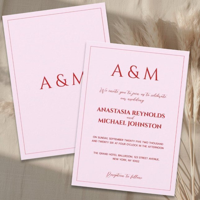 Modern blush pink and red minimalist wedding invitation (Creator Uploaded)