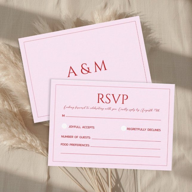 Modern blush pink and red minimalist wedding RSVP card (Creator Uploaded)