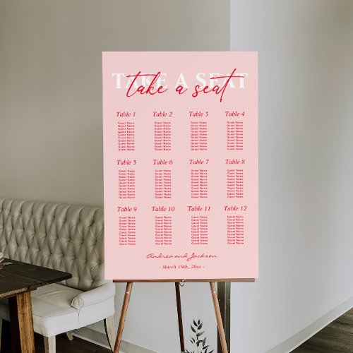 Modern Blush Pink and Red Wedding Seating Chart Foam Board