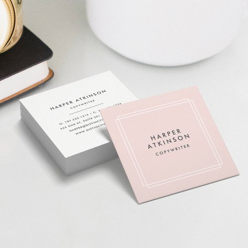 Modern Blush Pink and White Bordered Square Business Card