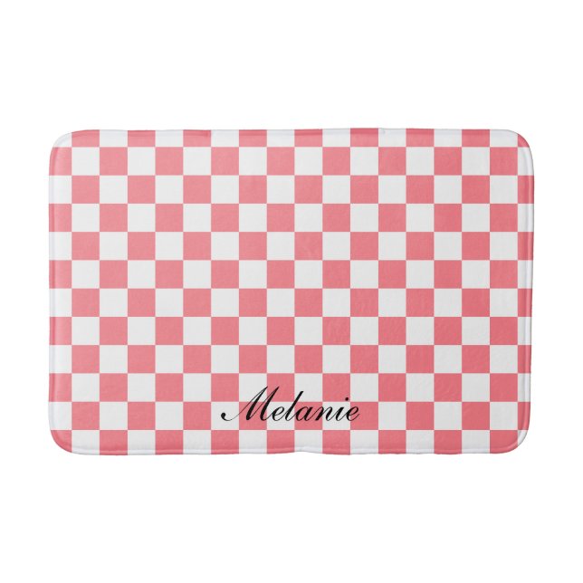 Modern Blush Pink and White Checkered Bath Mat (Front)