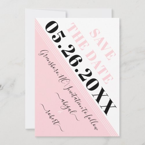 Modern blush pink and white diagonal stripes save the date