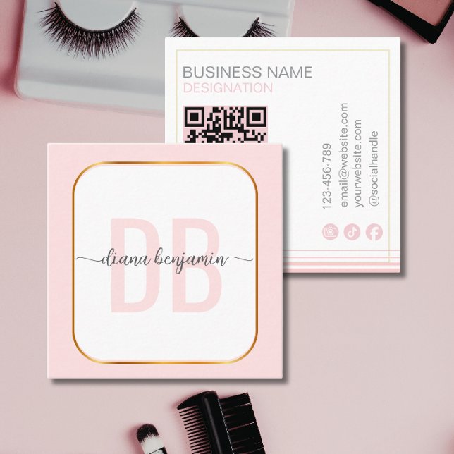 Modern blush pink and white Gold monogram Qr Code Square Business Card (Creator Uploaded)